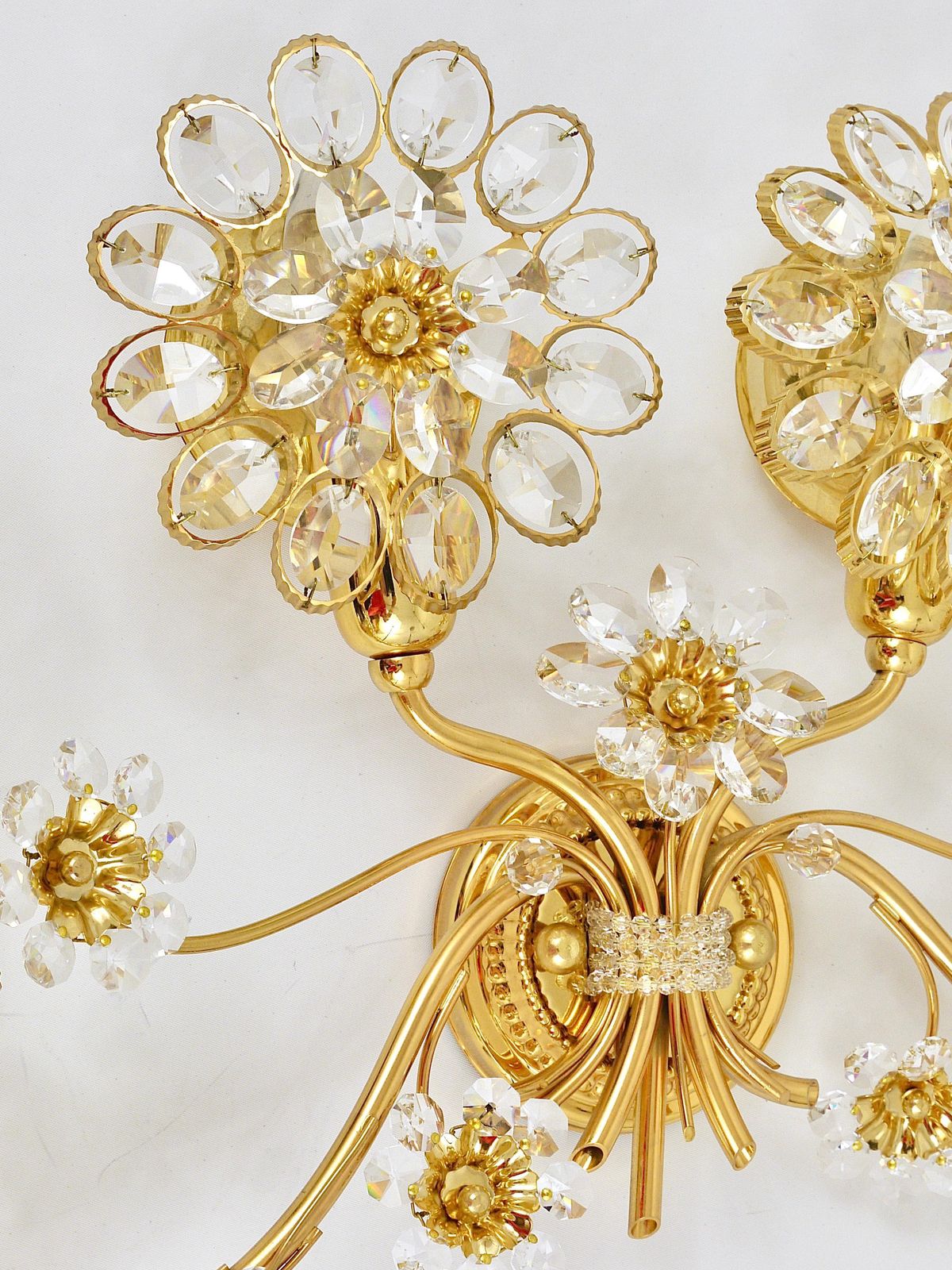 1532.0 Big Ernst Palme Flowers Brass & Crystals Flower Wall Light Sconce, Palwa, 1970s photo