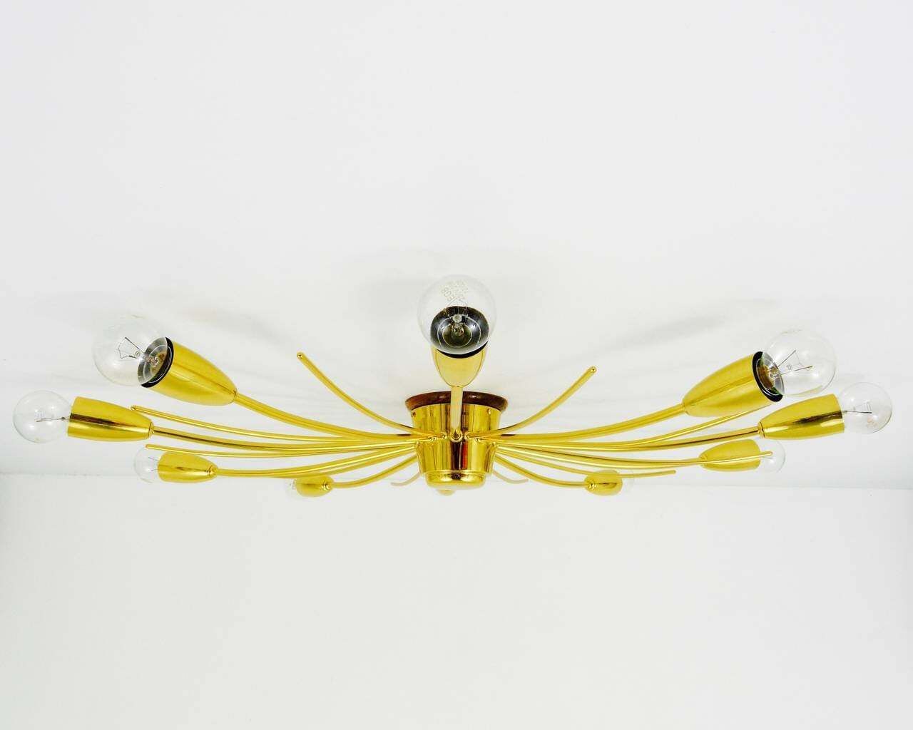 Large J.T. Kalmar Sonne Sun Brass Spider Chandelier Flush Mount, Austria, 1950s photo for sale