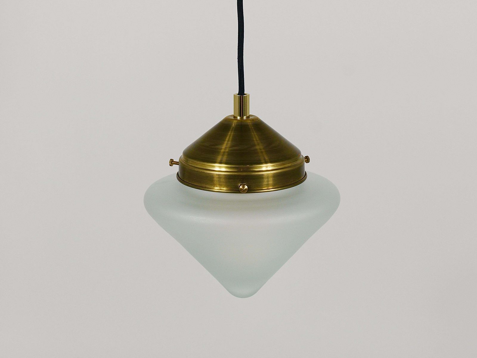 Up To 7 Art Deco Brass Pendant Lights With Conical Glass Shades, Vienna 1930s photo for sale