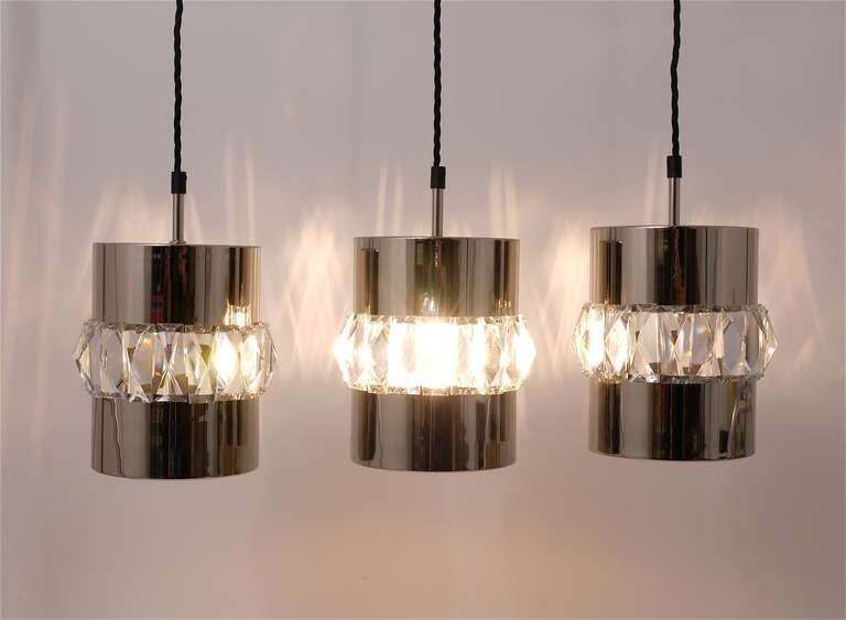 photo for sale Three Bakalowits Nickel, Brass And Faceted Crystal Pendant Lamps, Austria, 1950s