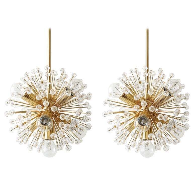 Two Emil Stejnar Gold Plated Blowball Sputnik Chandelier, Austria, 1970s