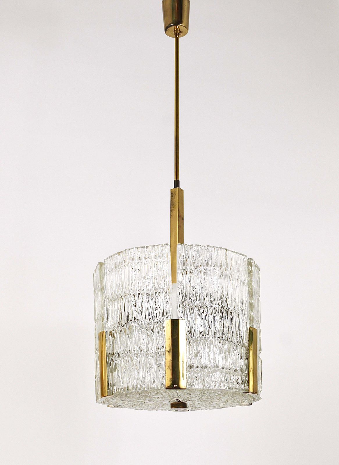 Kalmar Tambour Drum Chandelier, Brass, Textured Ice Glass, Austria, 1960s photo vintage