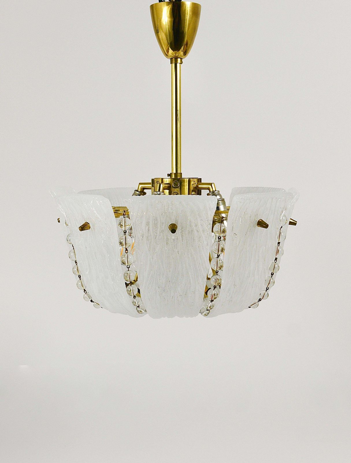 J.T. Kalmar Petite Curved Basket Chandelier, Brass & Glass, Austria, 1950s photo vinterior