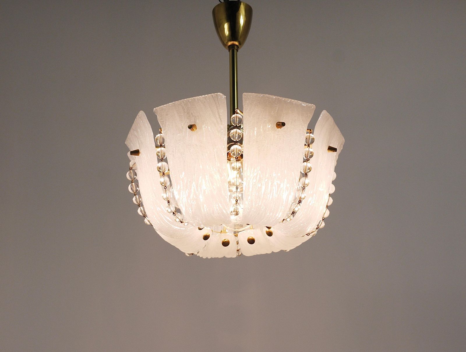 Lighting J.T. Kalmar Petite Curved Basket Chandelier, Brass & Glass, Austria, 1950s photo