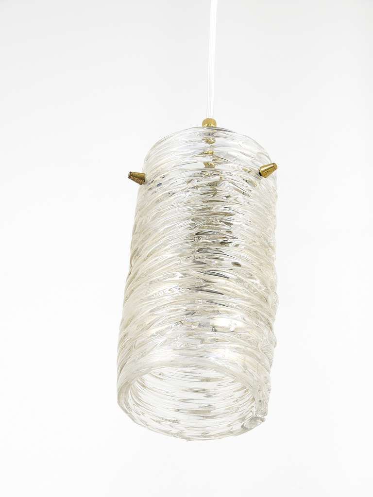 J.T. Kalmar Mid Century Textured Glass Tube Brass Pendant Lamp, Austria, 1950s photo 1451.0