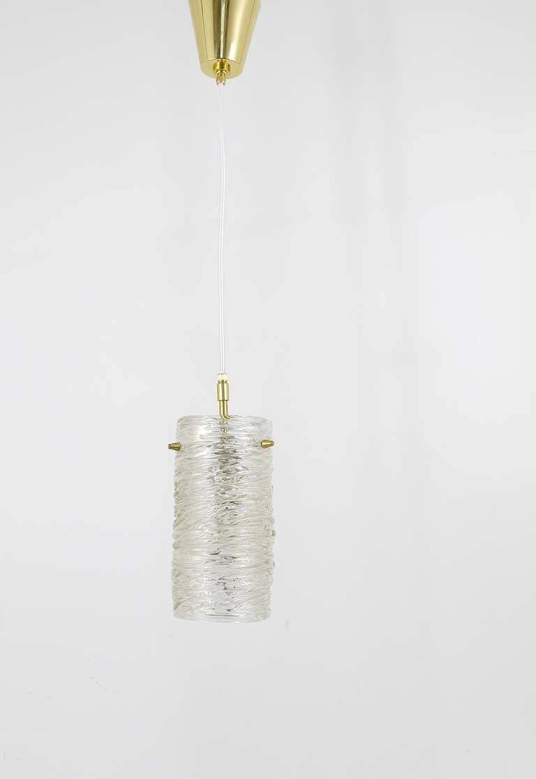 J.T. Kalmar Mid Century Textured Glass Tube Brass Pendant Lamp, Austria, 1950s photo vinterior