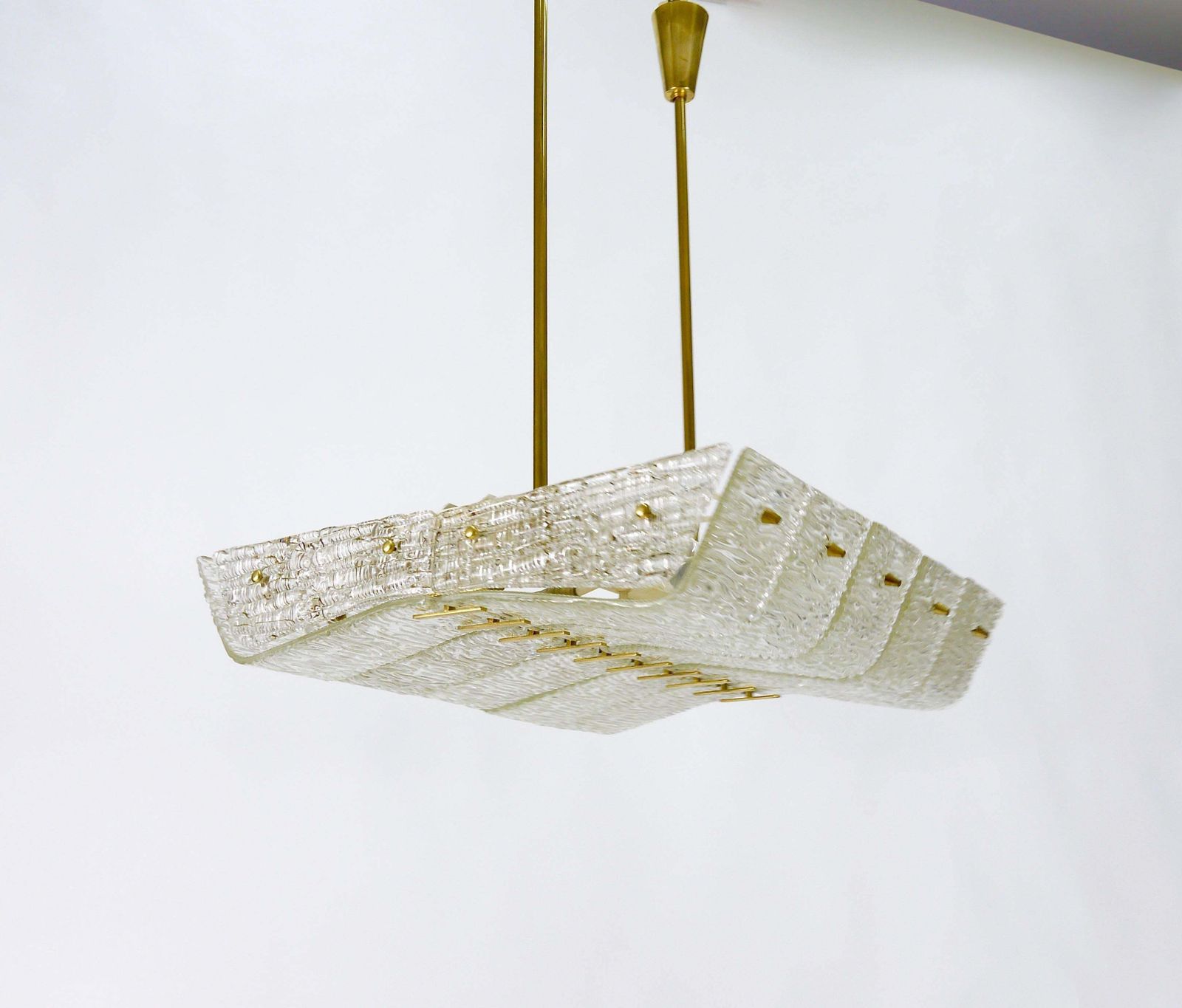 J.T. Kalmar Huge Spare Brass And Textured Glass Chandelier, Austria, 1950s photo for sale