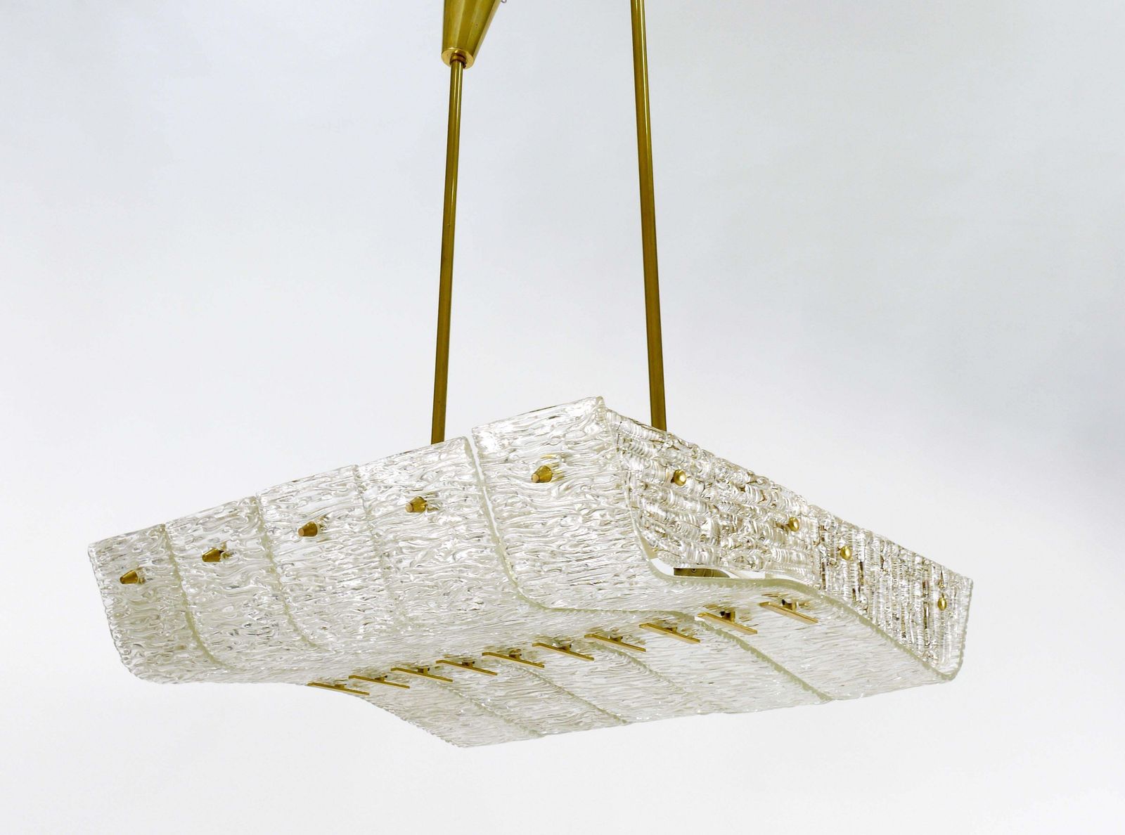 J.T. Kalmar Huge Spare Brass And Textured Glass Chandelier, Austria, 1950s photo vintage