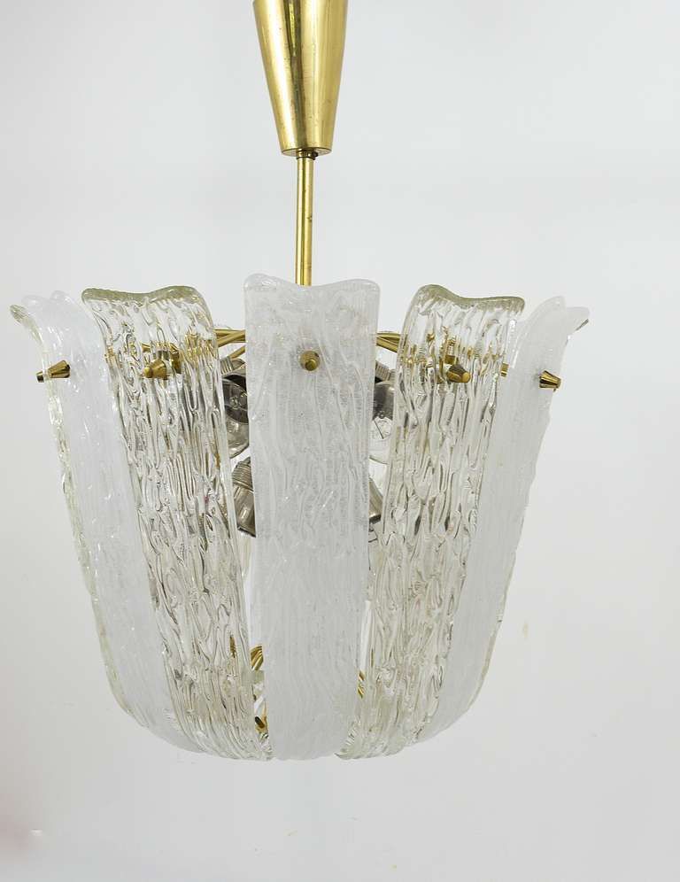 J.T. Kalmar Brass & Textured Glass Mid Century Basket Chandelier, Austria, 1950s photo for sale