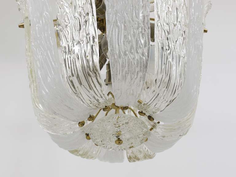 photo furniture J.T. Kalmar Brass & Textured Glass Mid Century Basket Chandelier, Austria, 1950s