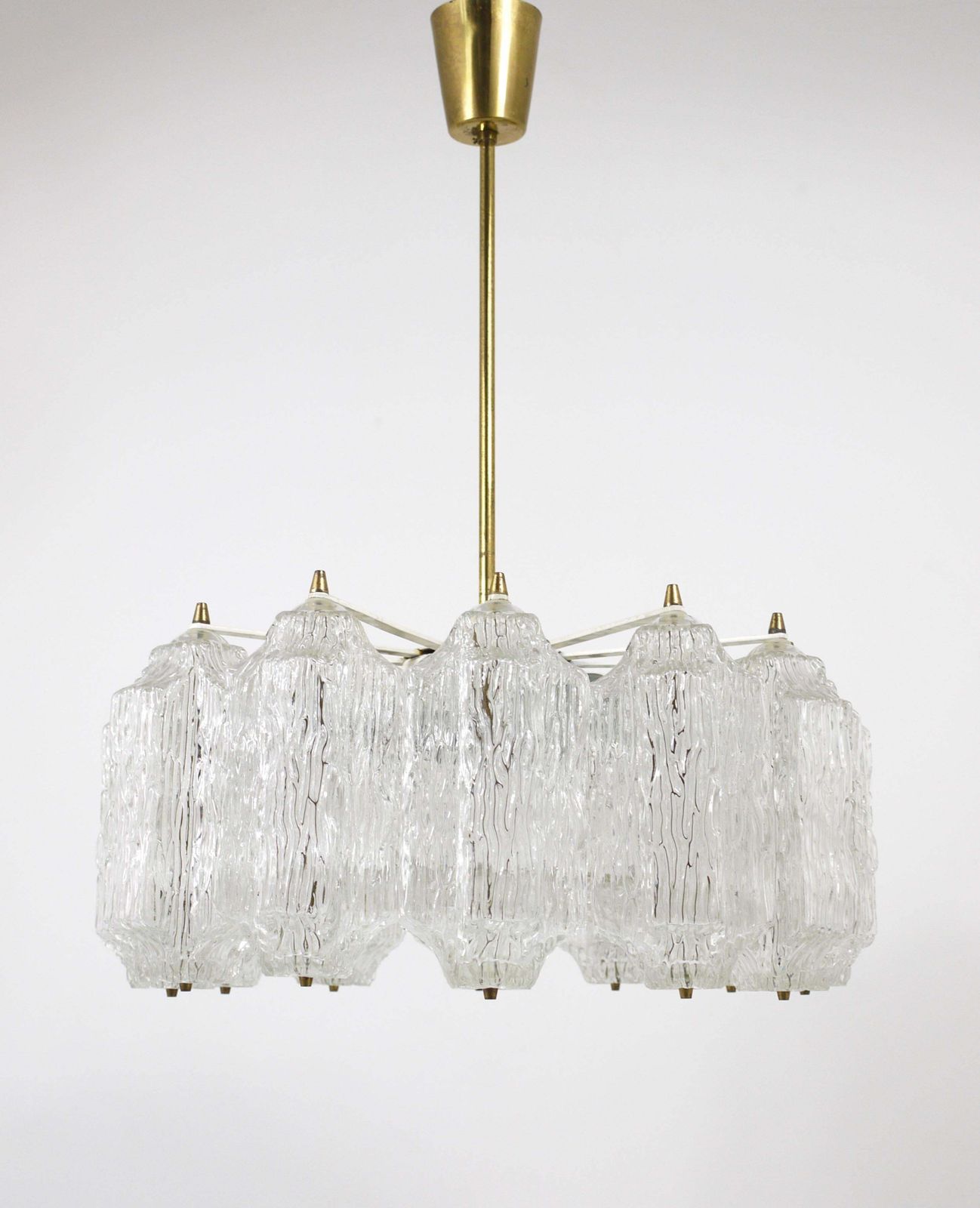 J.T. Kalmar Brass Chandelier With Textured Ice Glass, Austria, 1950s photo for sale