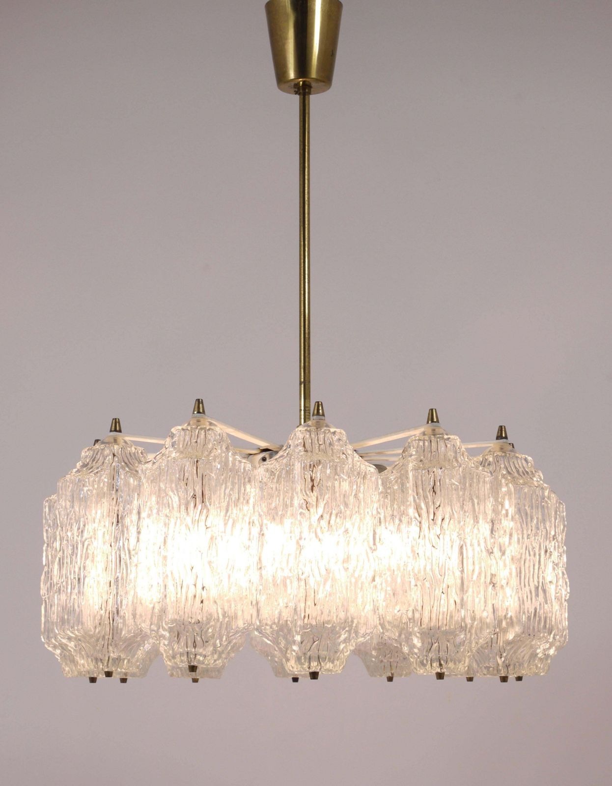 J.T. Kalmar Brass Chandelier With Textured Ice Glass, Austria, 1950s photo Lighting