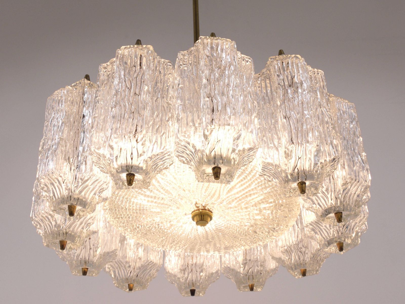J.T. Kalmar Brass Chandelier With Textured Ice Glass, Austria, 1950s photo vintage