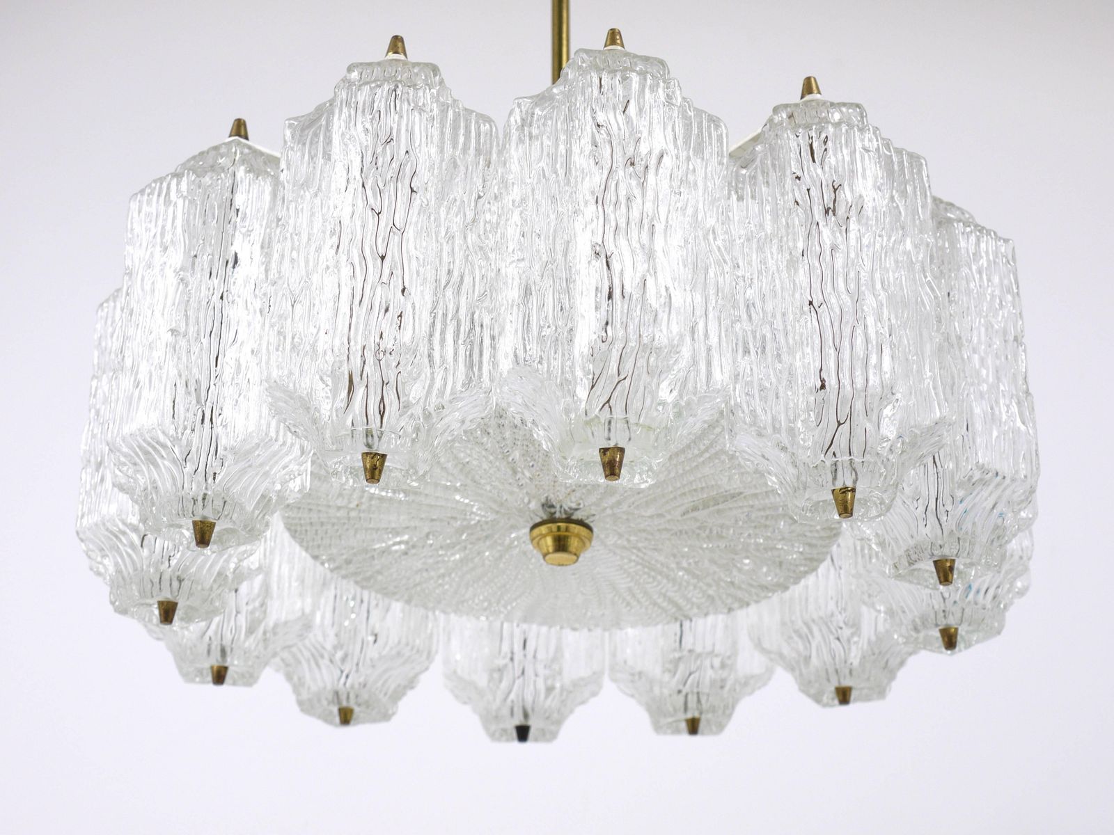 photo furniture J.T. Kalmar Brass Chandelier With Textured Ice Glass, Austria, 1950s