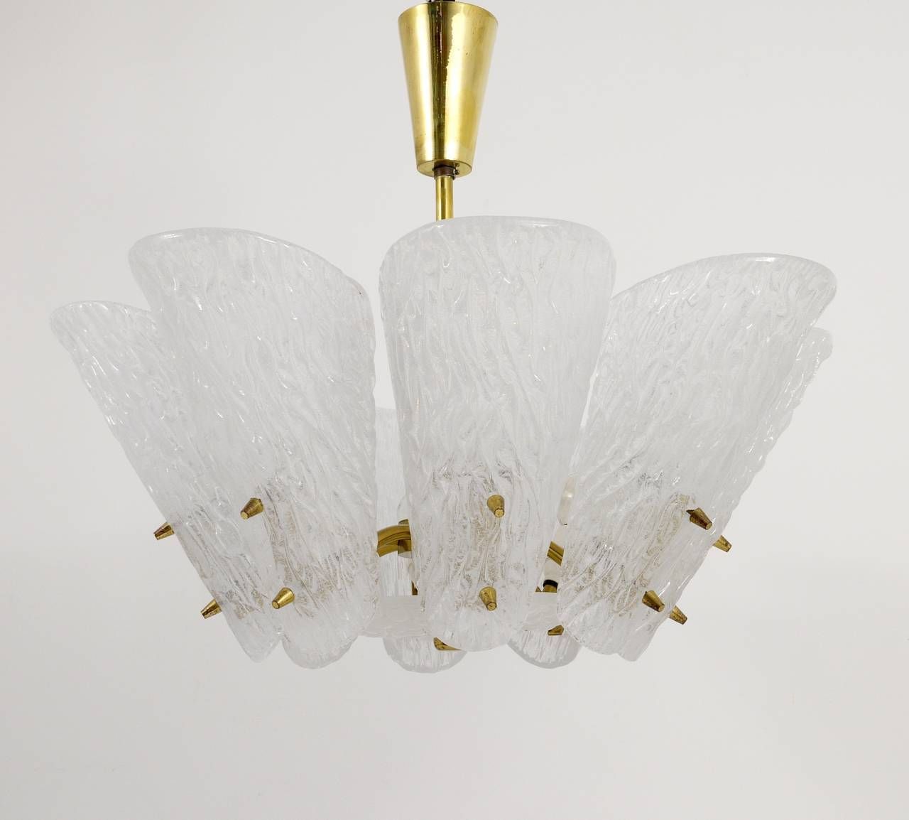 J. T. Kalmar Midcentury Brass Chandelier, White Textured Glass , 1950s photo for sale