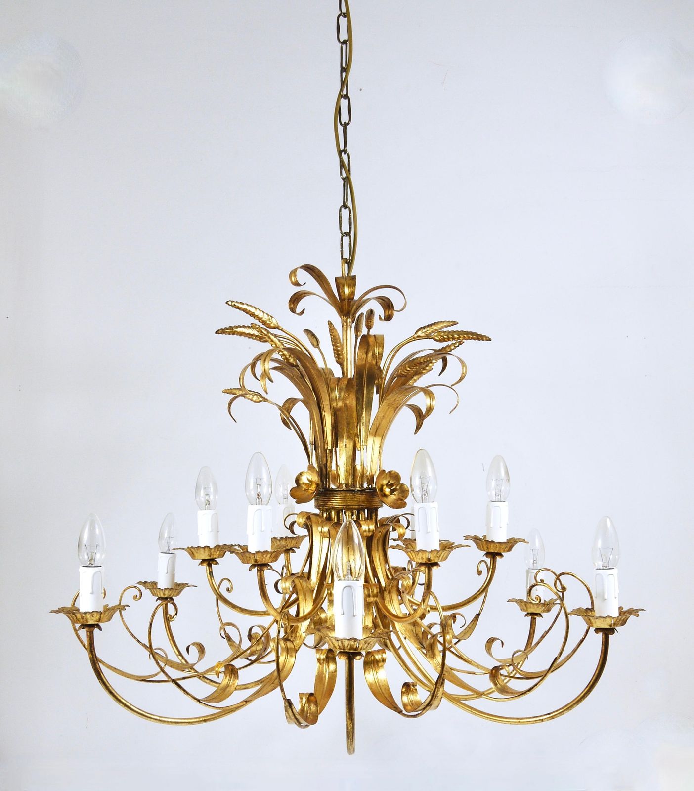 Hans Kögl Xl Hollywood Regency Wheat Floral Bouquet Gilt Iron Chandelier, 1970s photo for sale