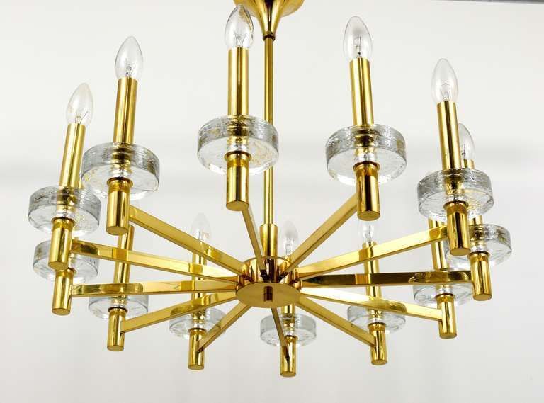 Gaetano Sciolari Style Brass & Glass Discs Chandelier, Mid Century, Italy, 1970s photo vinterior