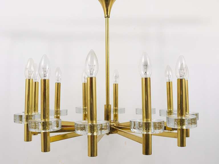 Gaetano Sciolari Style Brass & Glass Discs Chandelier, Mid Century, Italy, 1970s photo vintage