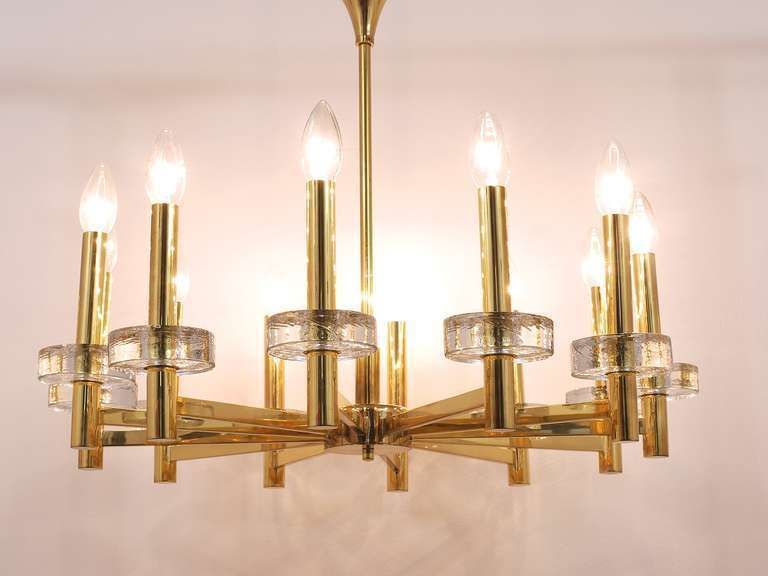 photo for sale Gaetano Sciolari Style Brass & Glass Discs Chandelier, Mid Century, Italy, 1970s