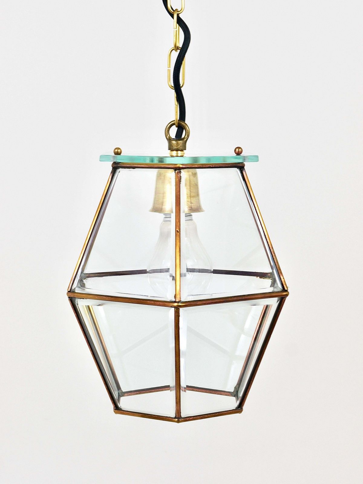 Fontana Arte Style Pendant Lamp Lantern, Brass & Facetted Glass, Italy, 1940s photo furniture