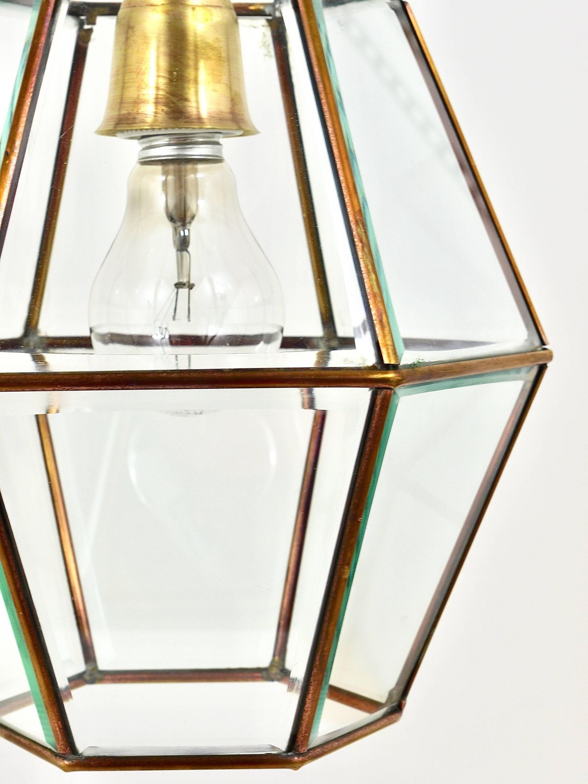 Fontana Arte Style Pendant Lamp Lantern, Brass & Facetted Glass, Italy, 1940s photo vinterior