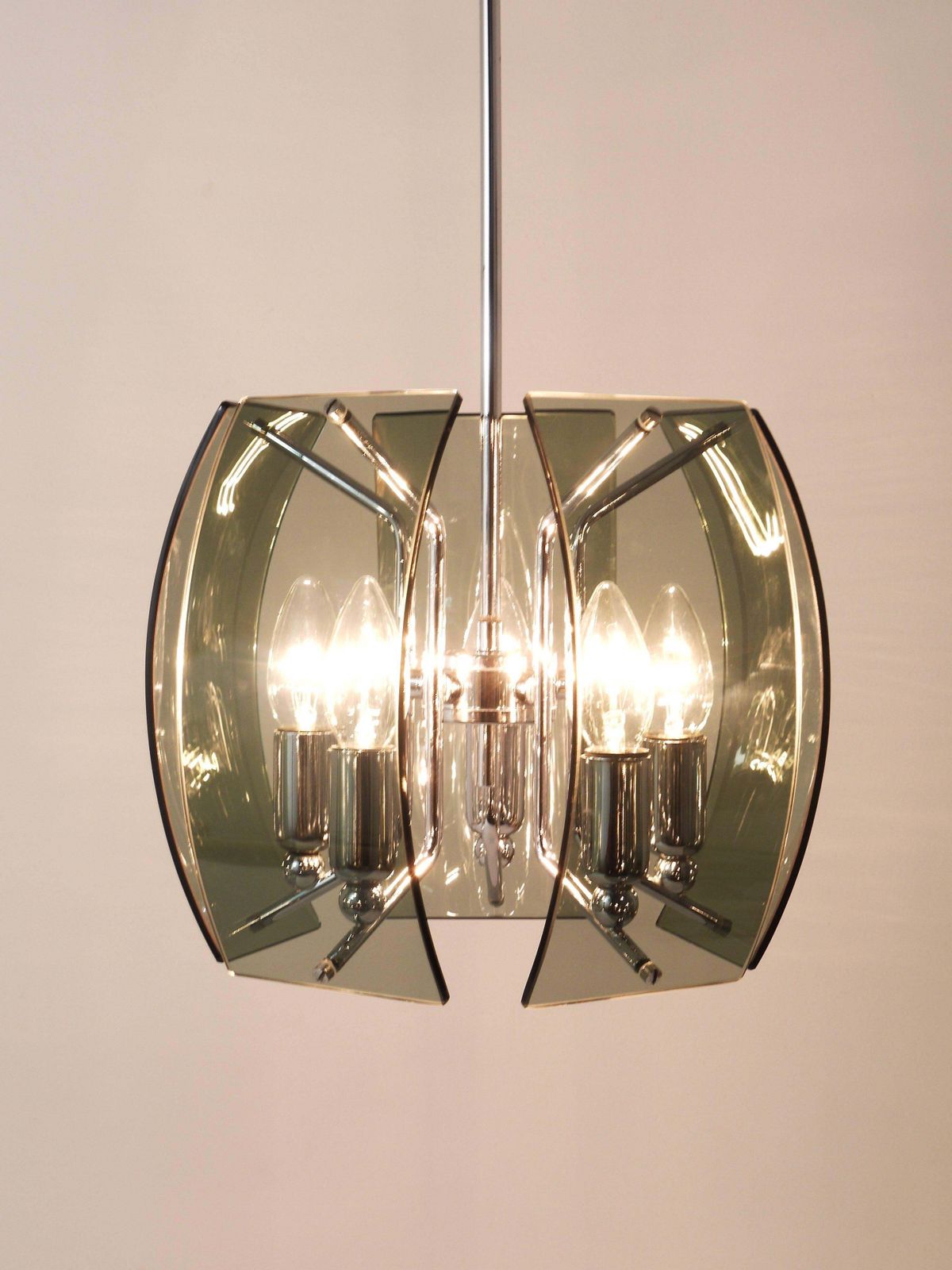 photo furniture Fontana Arte Style Mid Century Glass & Chrome Chandelier, Italy, 1960s