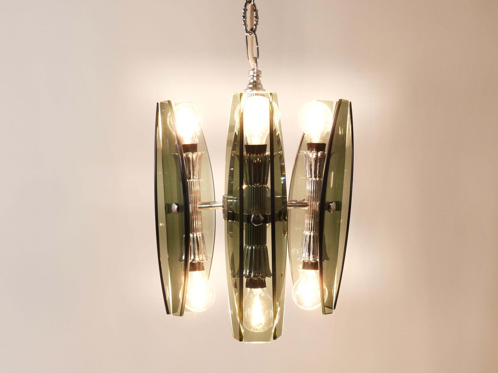 Fontana Arte Style Glass & Chrome Chandelier Pendant Light By Veca Murano, Italy photo furniture