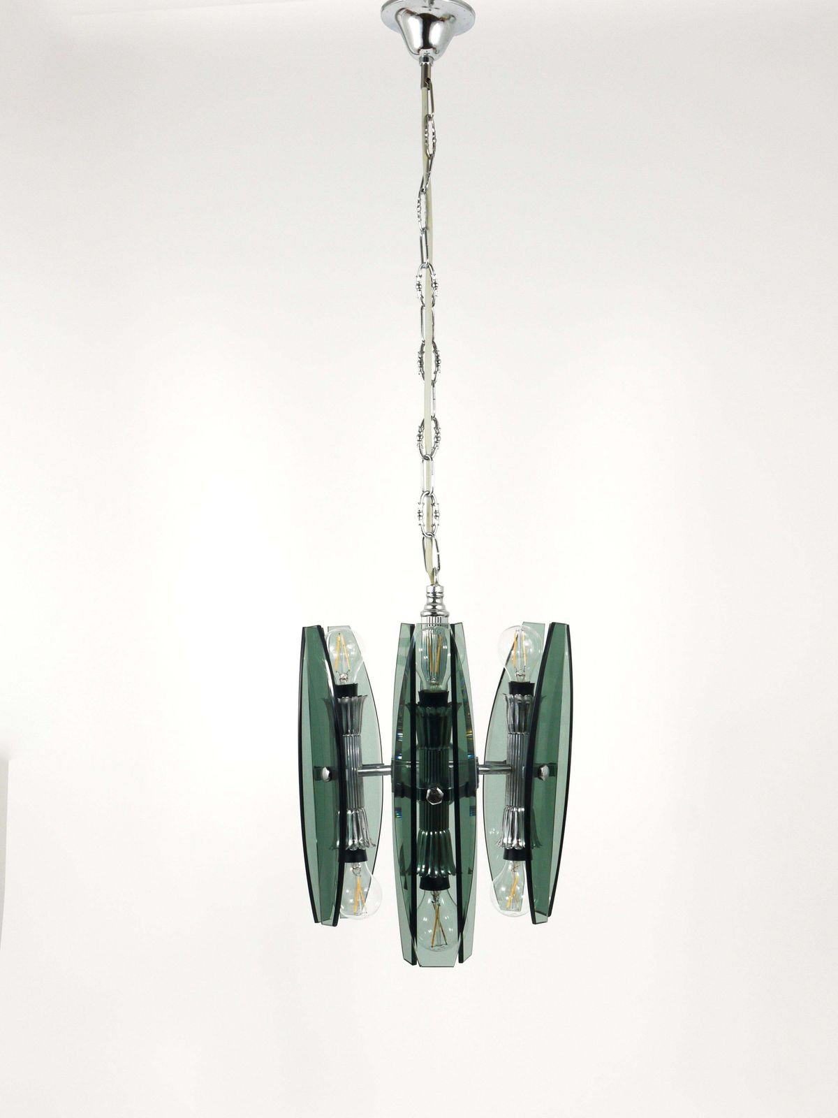 Fontana Arte Style Glass & Chrome Chandelier Pendant Light By Veca Murano, Italy photo for sale