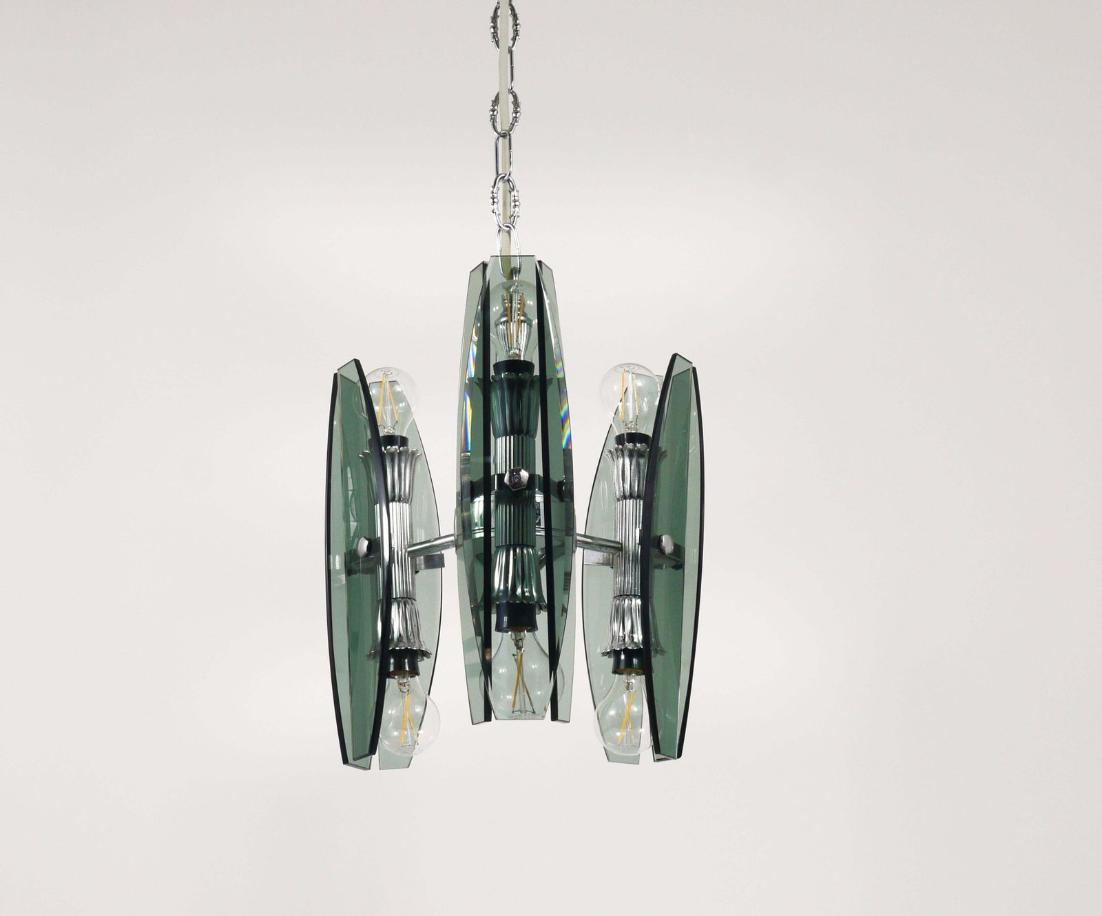 Fontana Arte Style Glass & Chrome Chandelier Pendant Light By Veca Murano, Italy photo 967.0