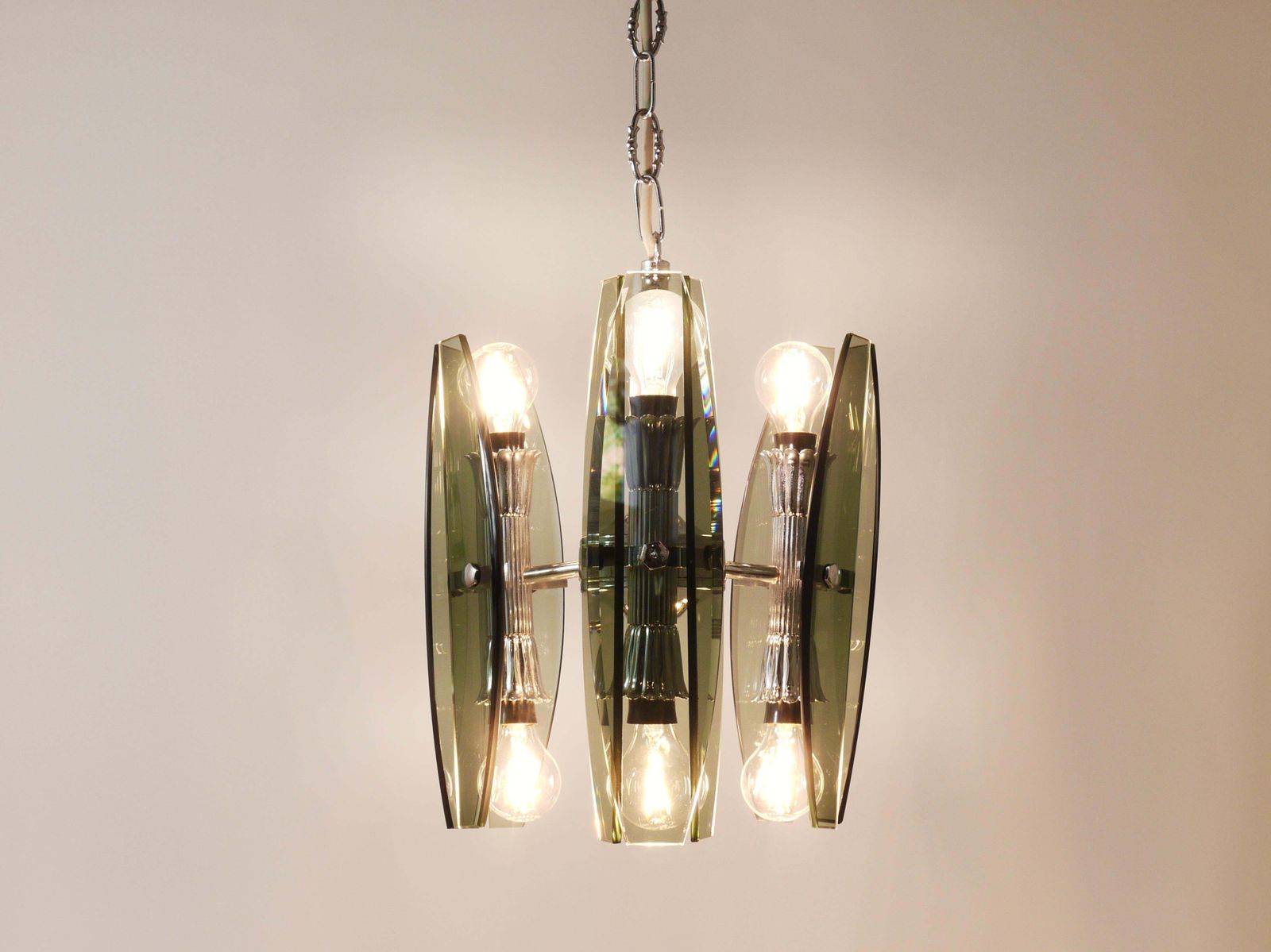 967.0 Fontana Arte Style Glass & Chrome Chandelier Pendant Light By Veca Murano, Italy photo