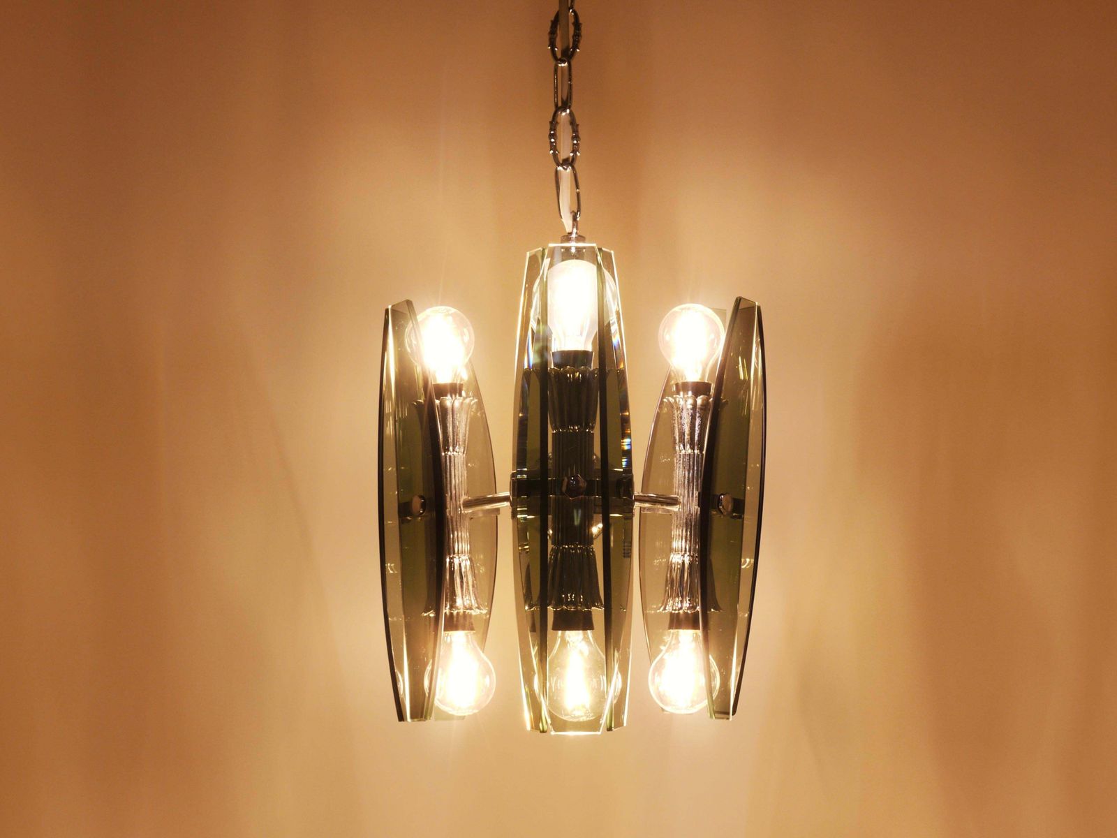 photo buy Fontana Arte Style Glass & Chrome Chandelier Pendant Light By Veca Murano, Italy