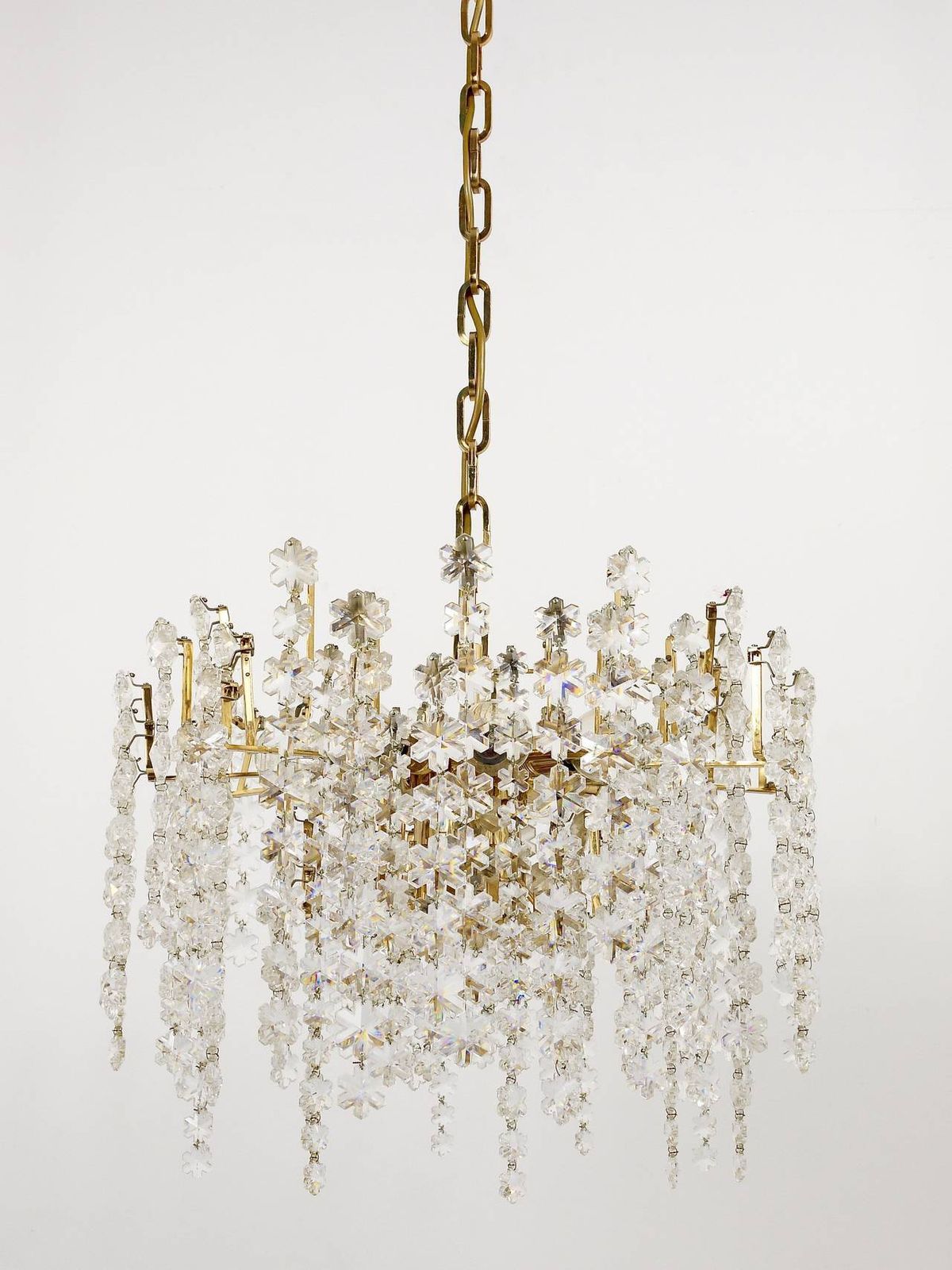 Bakalowits Vienna Gold Plated Snowflake Crystal Glass Brass Chandelier, 1970s photo vinterior
