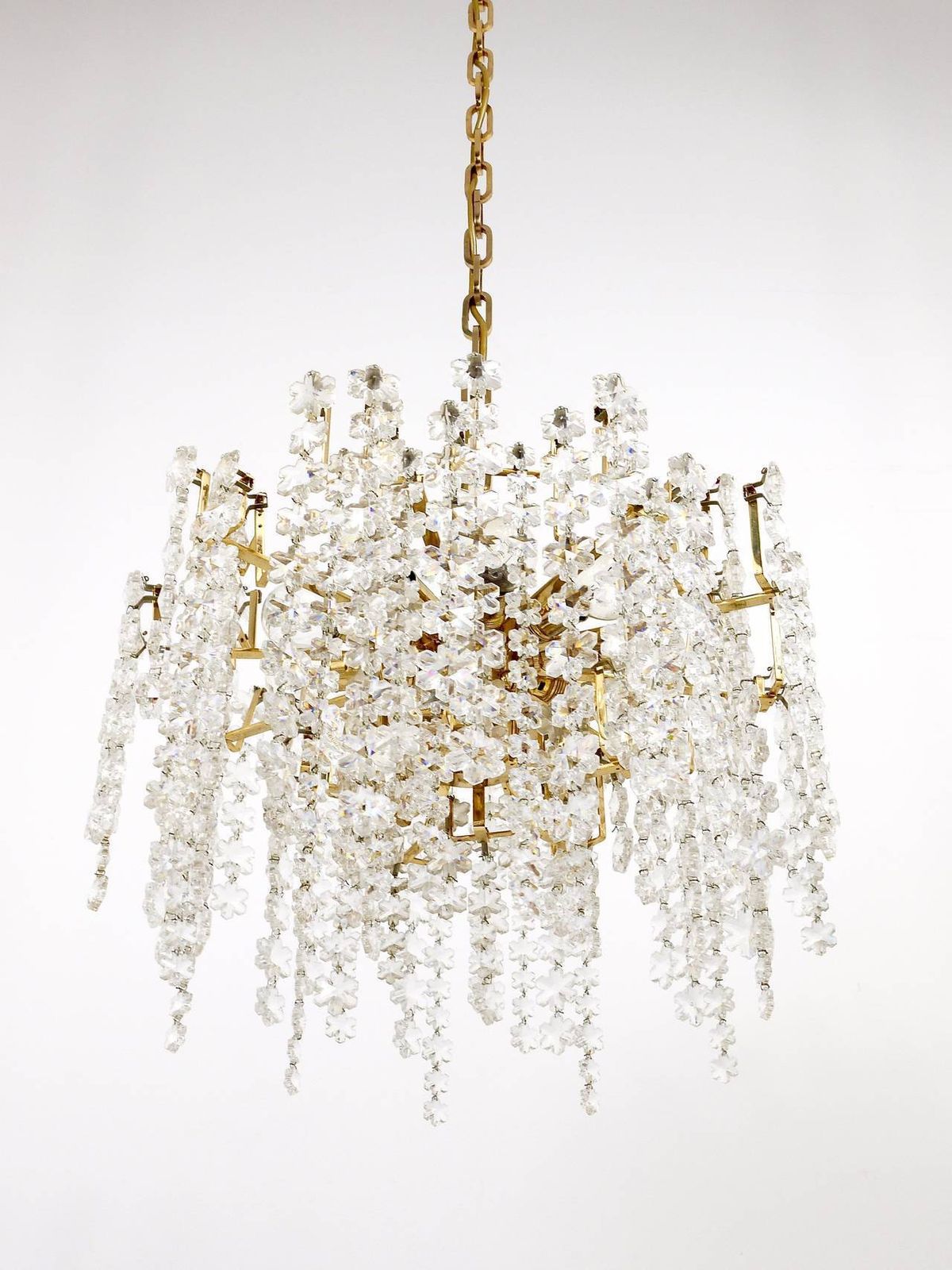 Bakalowits Vienna Gold Plated Snowflake Crystal Glass Brass Chandelier, 1970s photo buy