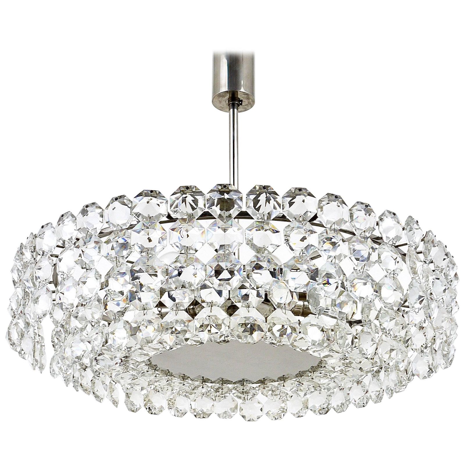 Bakalowits Large Nickel & Glass Chandelier With Diamond Shaped Crystals, 1960s