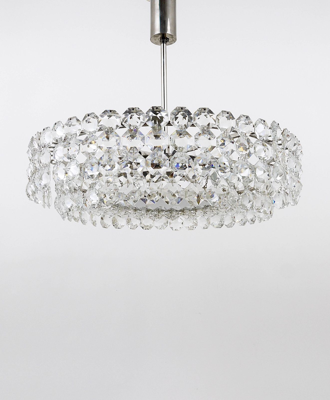 Bakalowits Large Nickel & Glass Chandelier With Diamond Shaped Crystals, 1960s photo vinterior