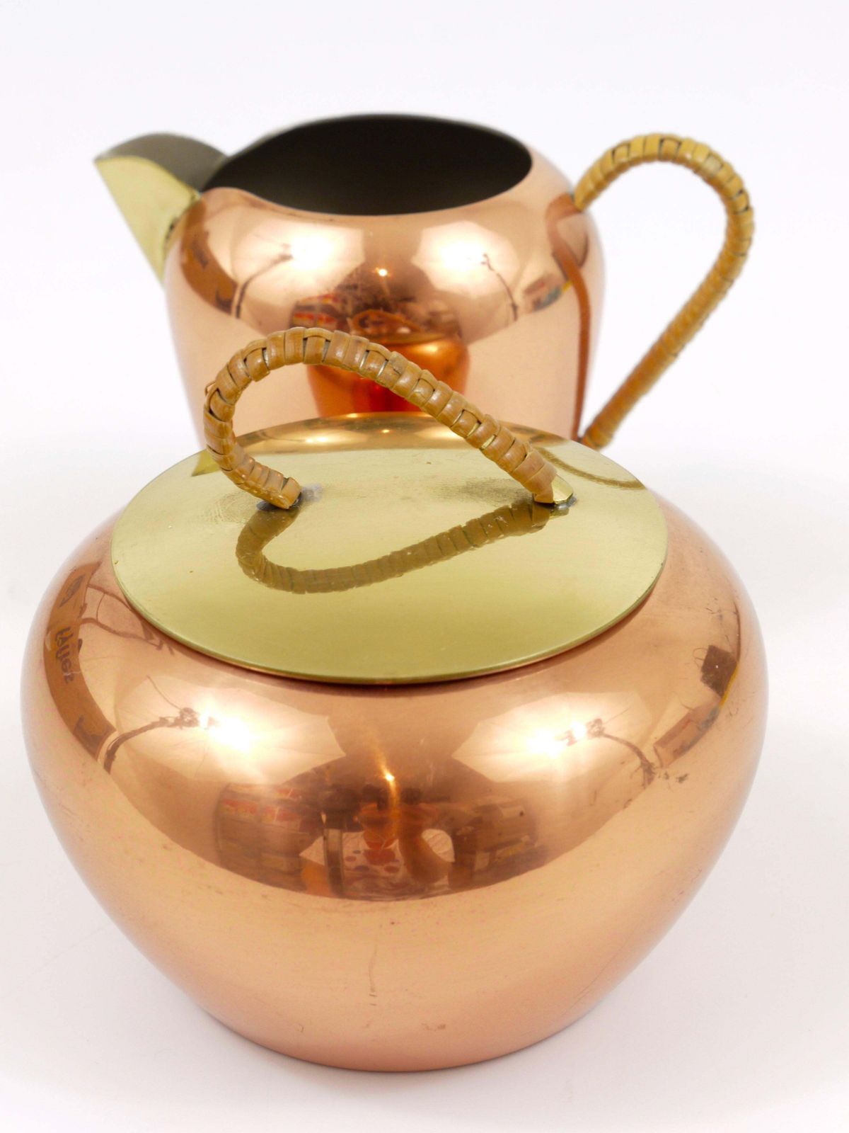 Mid Century Copper & Brass Milk Creamer And Sugar Bowl With Lid, Austria, 1950s photo vinterior