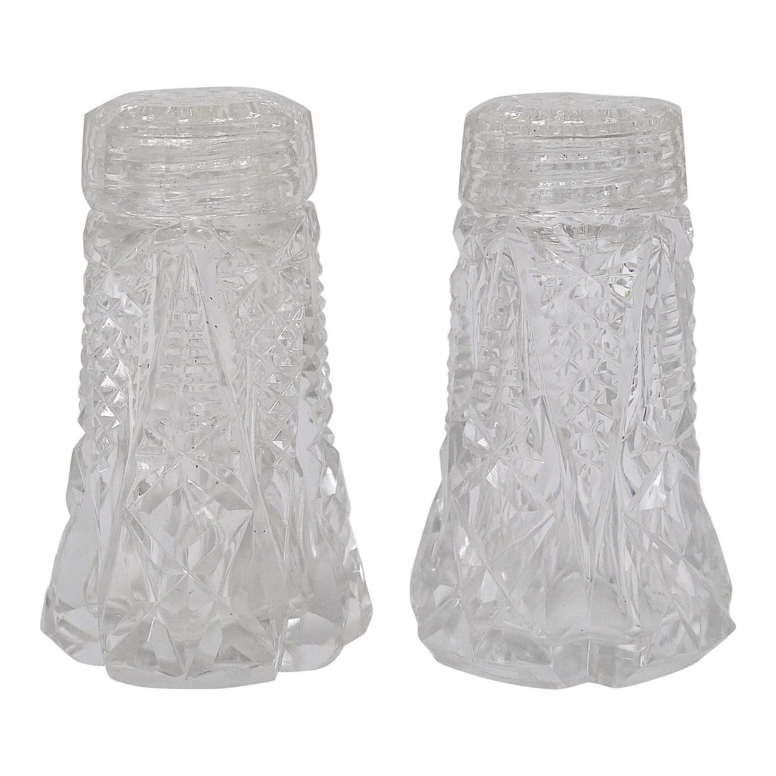 French Art Nouveau Salt & Pepper Shakers, Facetted Crystal Glass From The 1920s