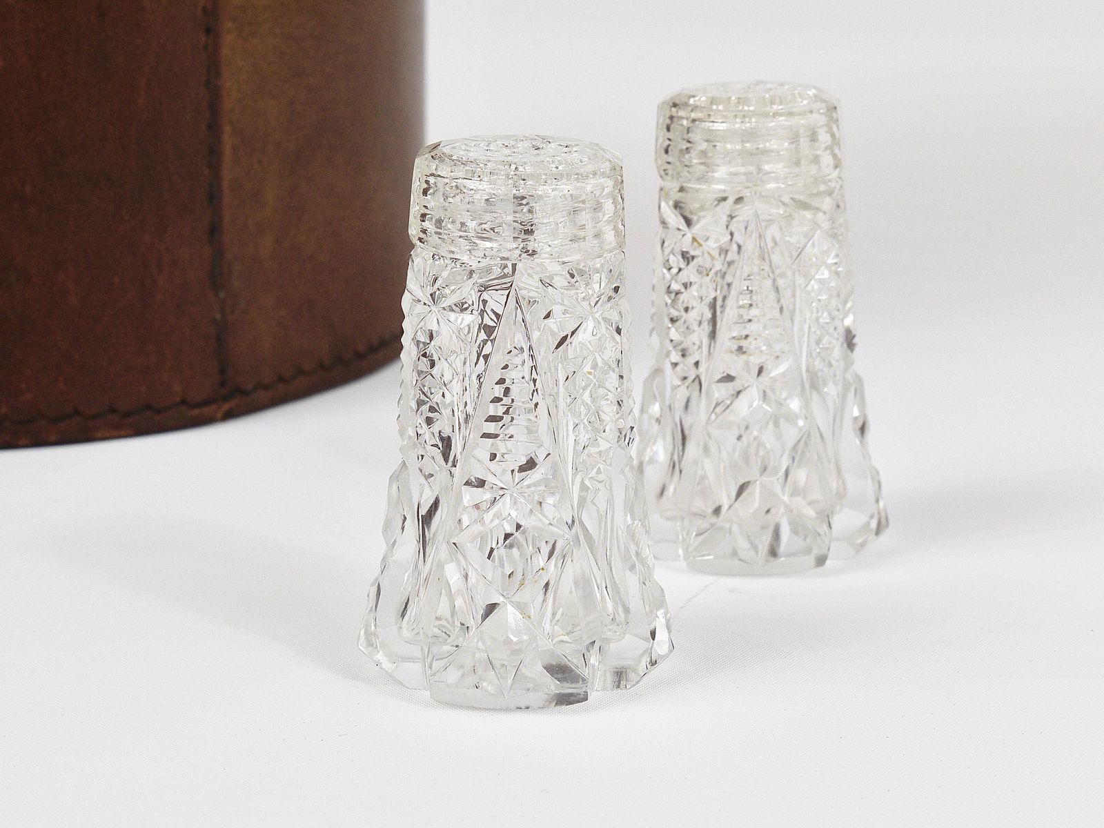 French Art Nouveau Salt & Pepper Shakers, Facetted Crystal Glass From The 1920s photo for sale