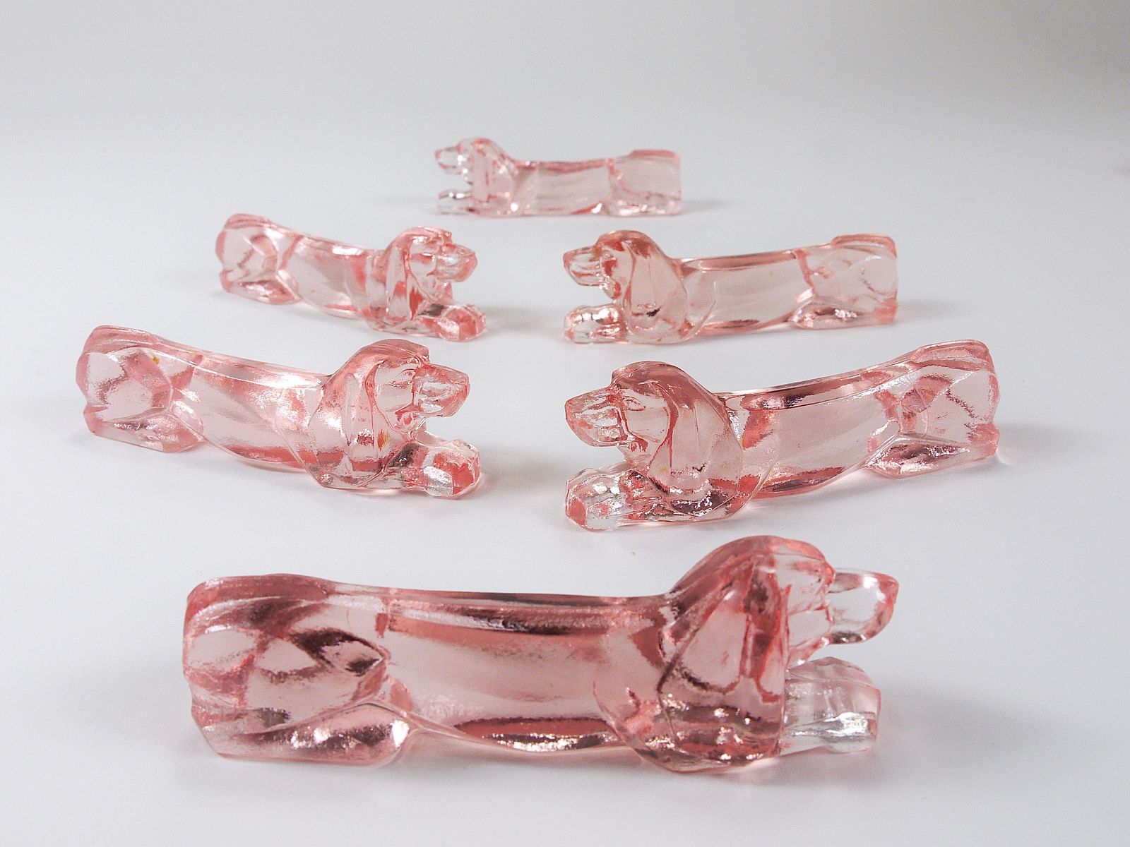 12 French Art Deco Dachshund Basset Hound Knife Rests, Rosé Glass, France, 1930s photo for sale