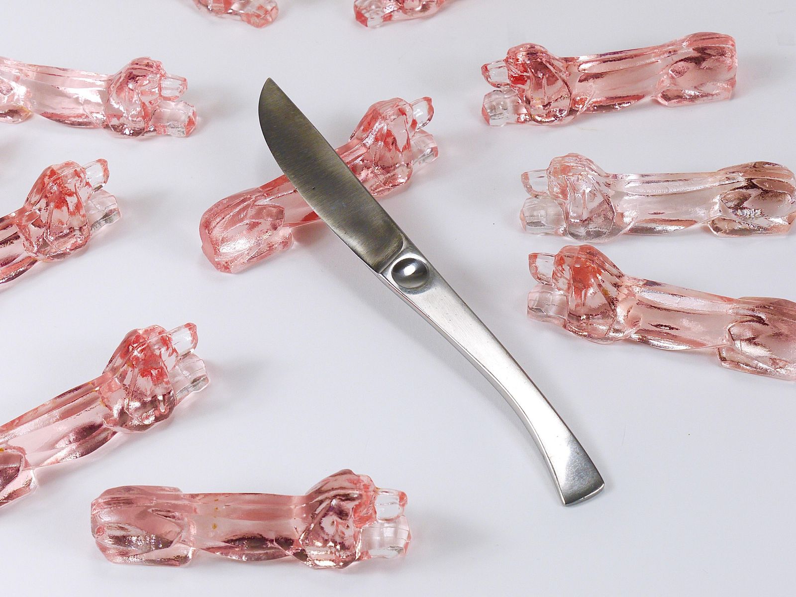 photo furniture 12 French Art Deco Dachshund Basset Hound Knife Rests, Rosé Glass, France, 1930s
