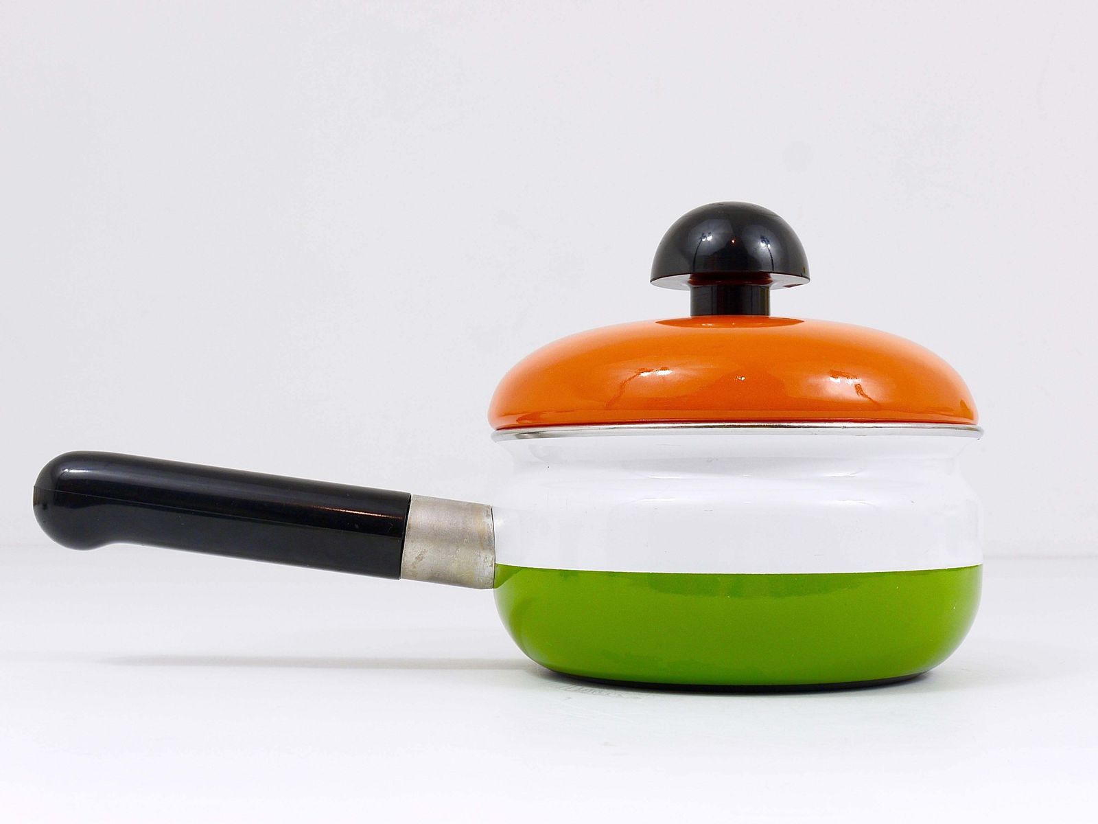 Carl Aubock Enameled Pot With Lid By Riess, Orange, White, Green, Austria, 1970s photo for sale