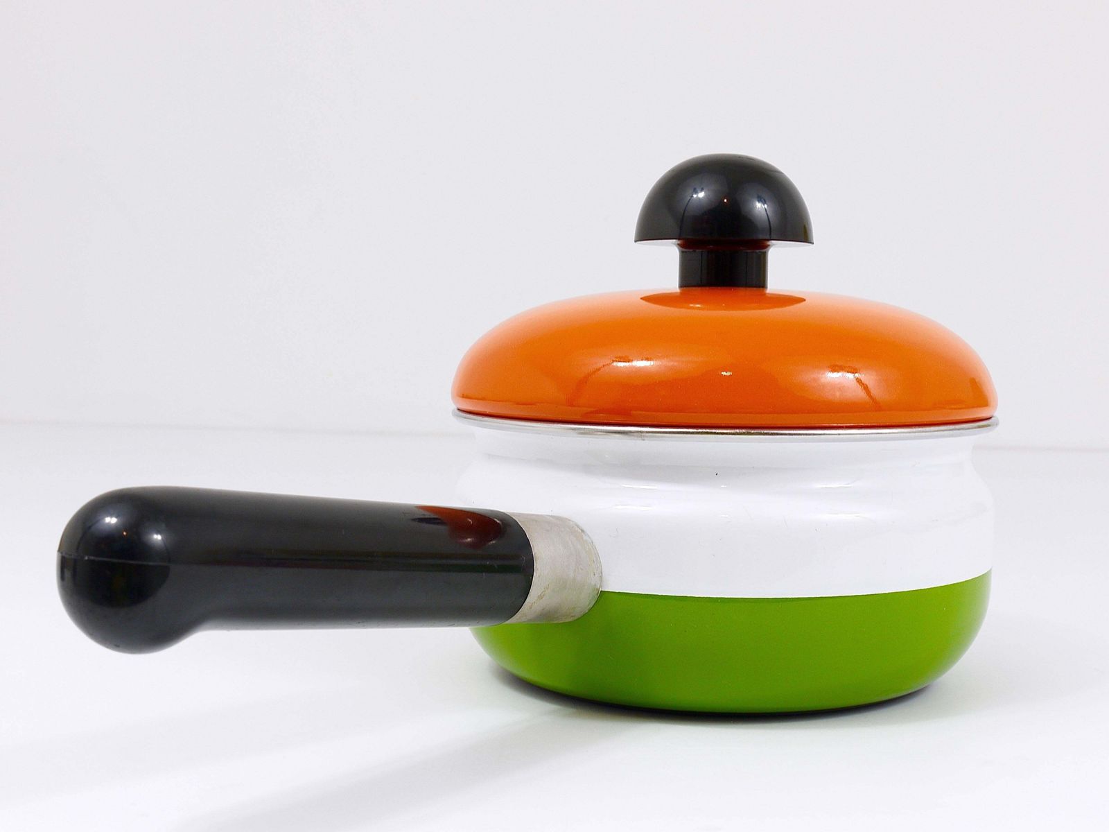 Carl Aubock Enameled Pot With Lid By Riess, Orange, White, Green, Austria, 1970s photo Home Decor