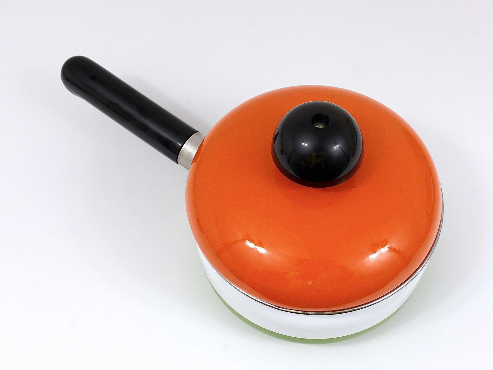Carl Aubock Enameled Pot With Lid By Riess, Orange, White, Green, Austria, 1970s photo buy