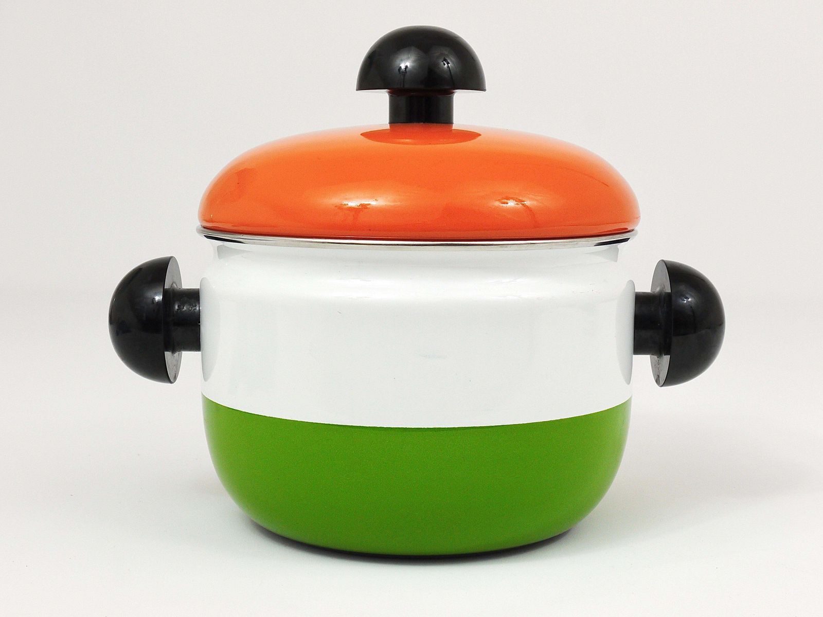 Carl Aubock Enameled Pot With Lid By Riess, Orange, White, Green, Austria, 1970s photo Home Decor