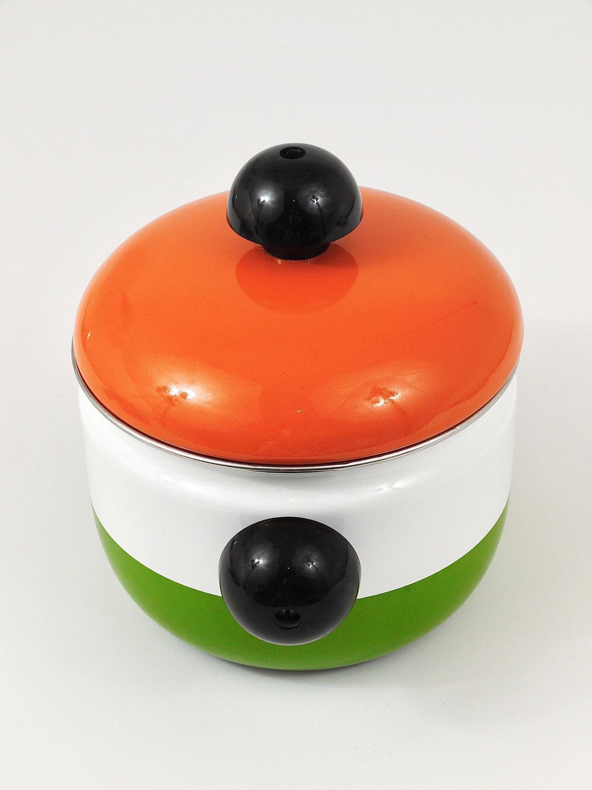 Home Decor Carl Aubock Enameled Pot With Lid By Riess, Orange, White, Green, Austria, 1970s photo