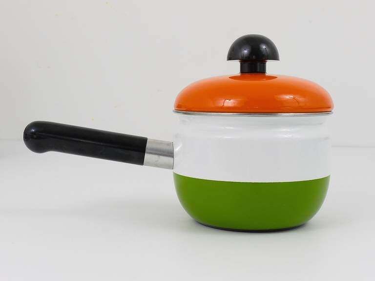 Carl Aubock Enameled Pot With Lid By Riess, Orange, White, Green, Austria, 1970s photo for sale