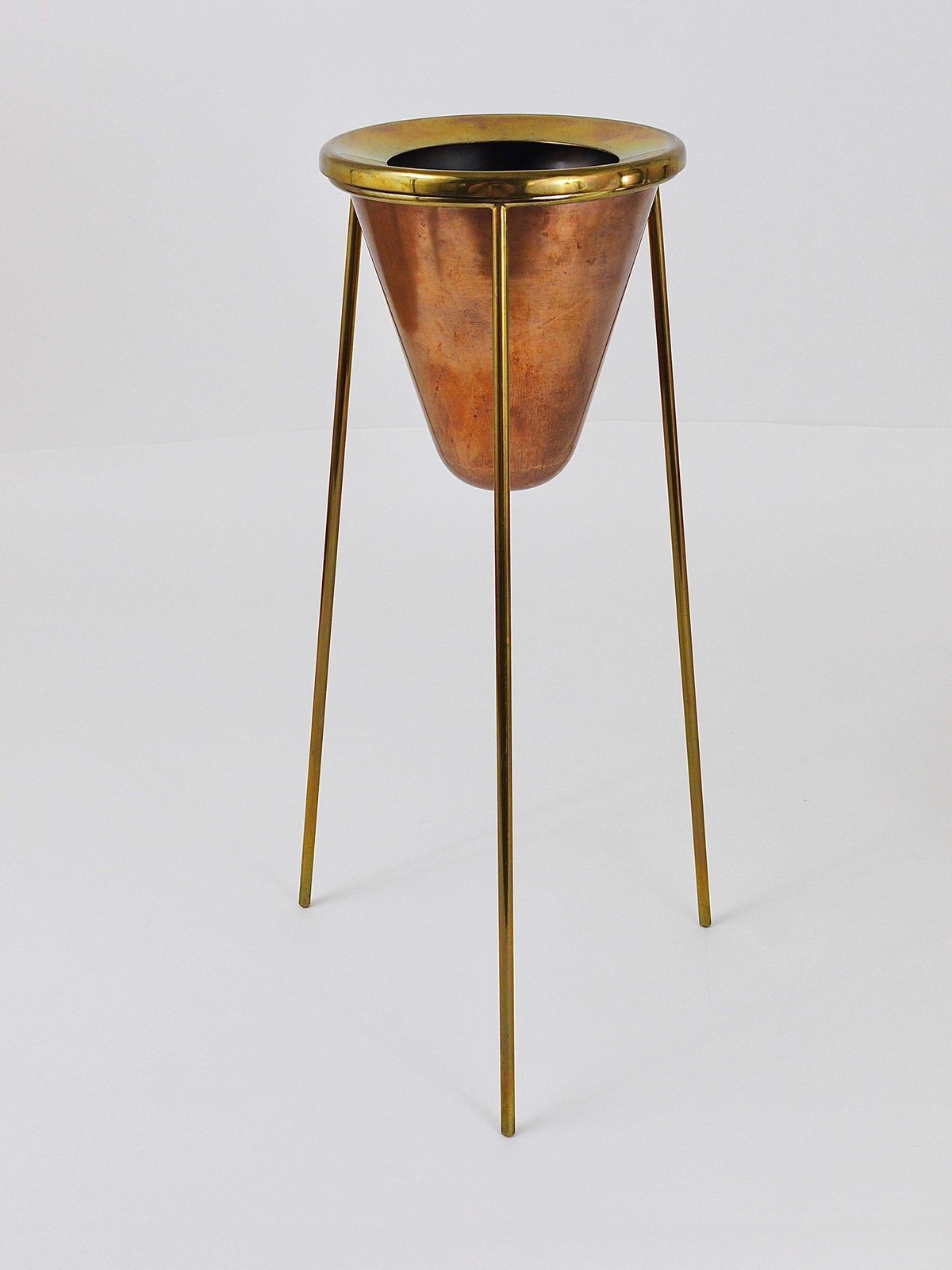 Rare Carl Aubock Copper & Brass Tripod Floor Ashtray, Austria, 1950s photo vintage