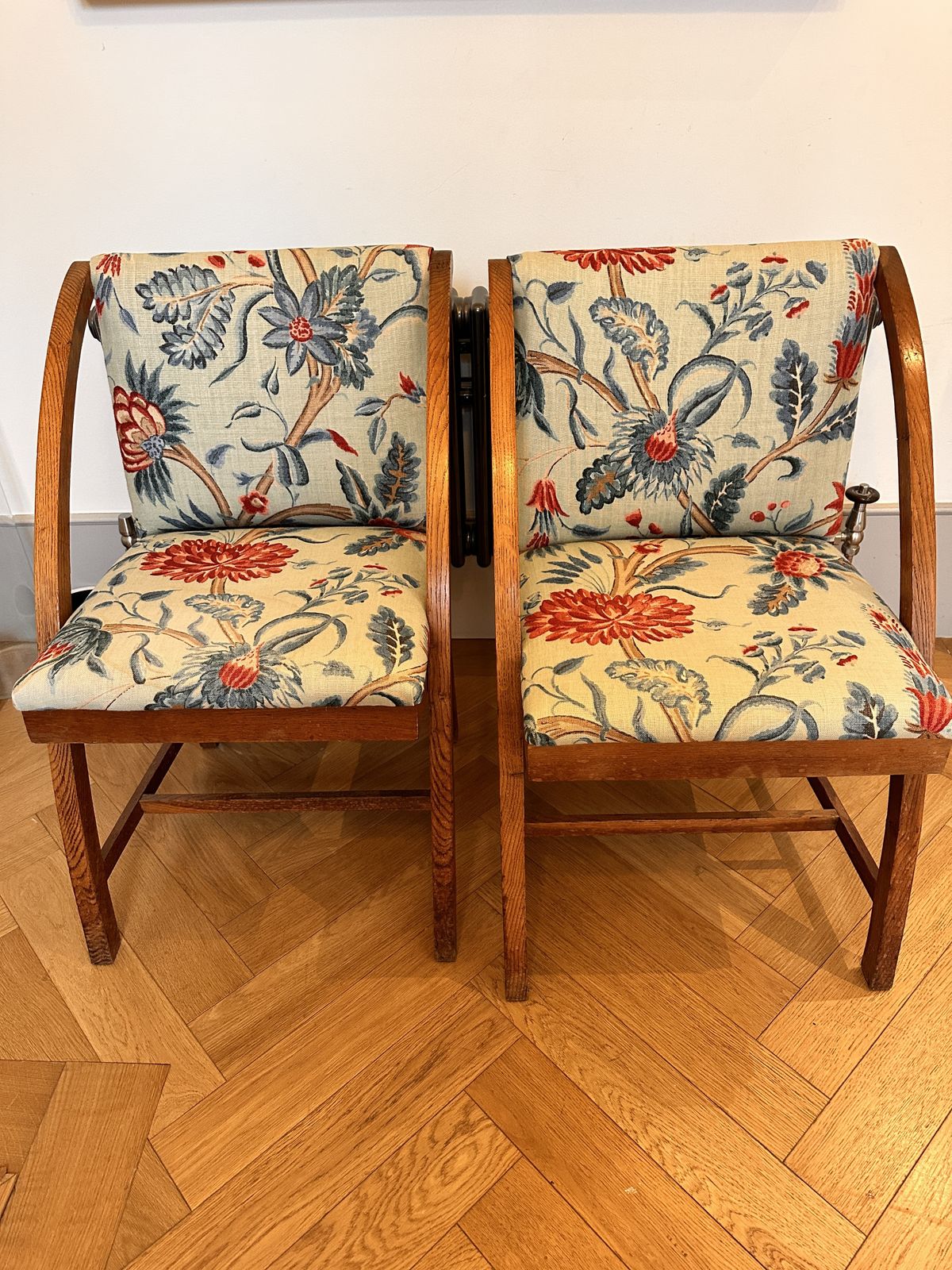 Pair Of Matching Wooden And Fabric Mid Twentieth Chairs photo for sale