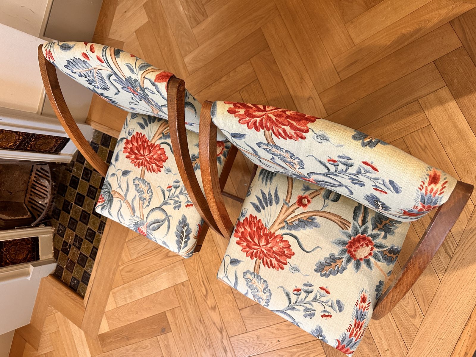 Pair Of Matching Wooden And Fabric Mid Twentieth Chairs photo Furniture