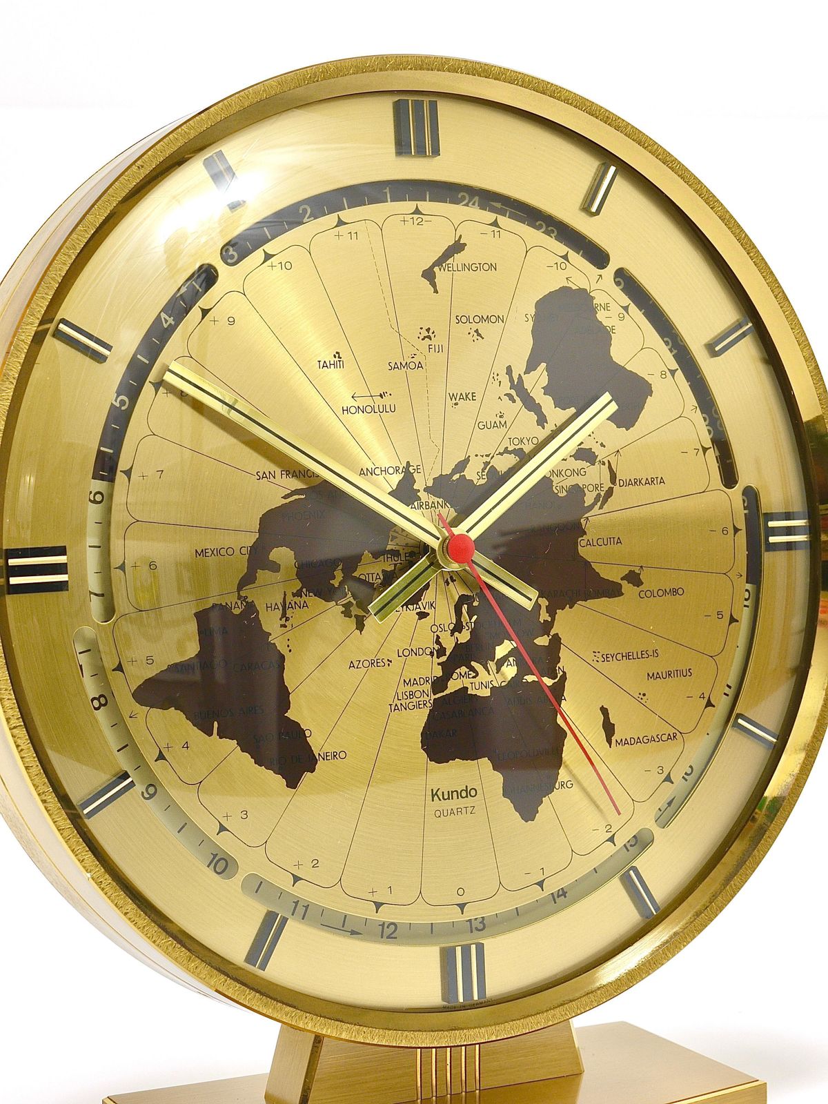 Large Kundo Gmt World Time Zone Brass Table Clock, Kieninger & Obergfell, 1960s photo Home Decor